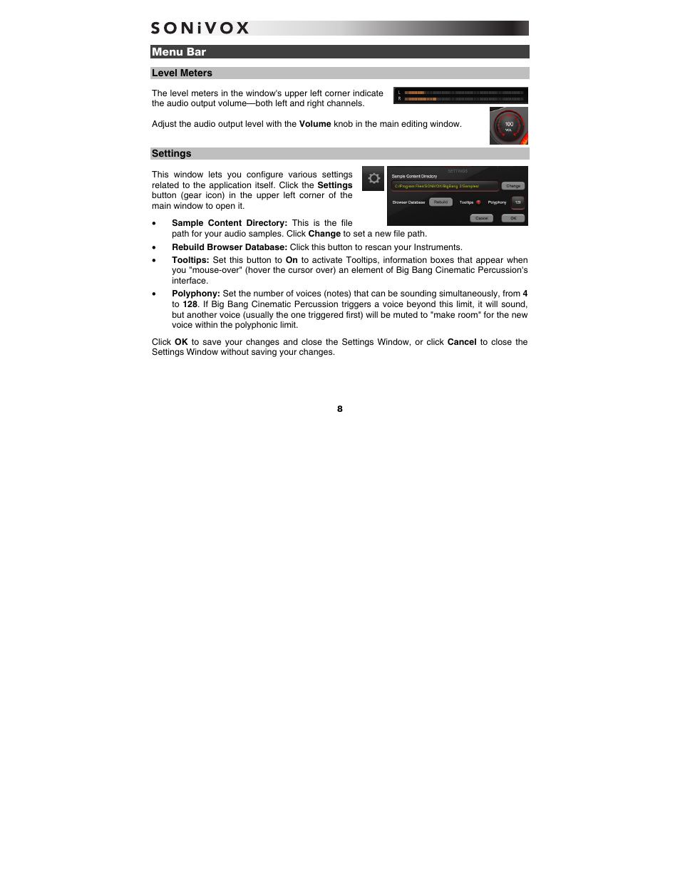 Menu bar, Level meters, Settings | SONiVOX Big Bang Cinematic Percussion User Manual | Page 8 / 26
