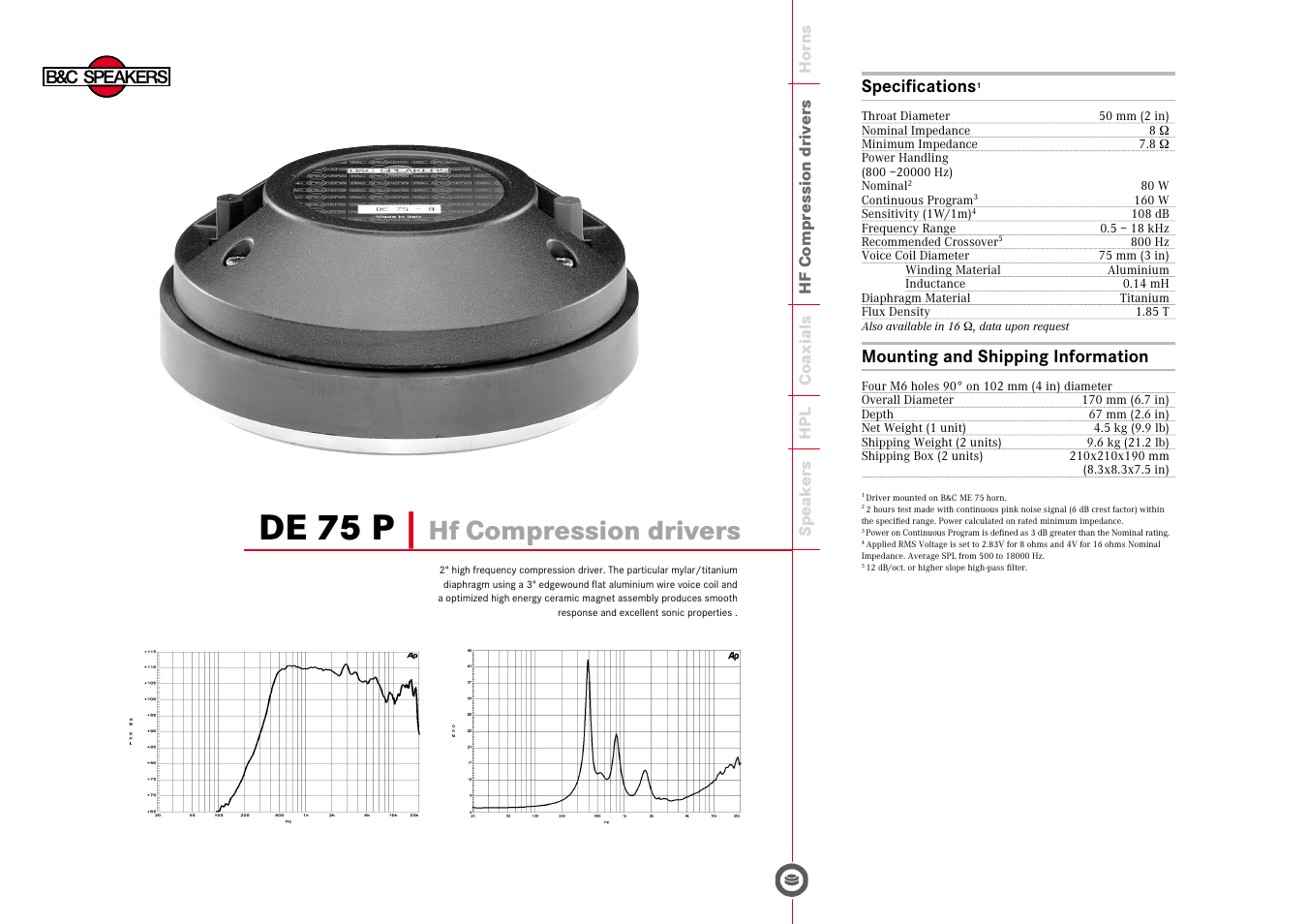 B&C Speakers Hf Compression drivers DE 75 P User Manual | 1 page