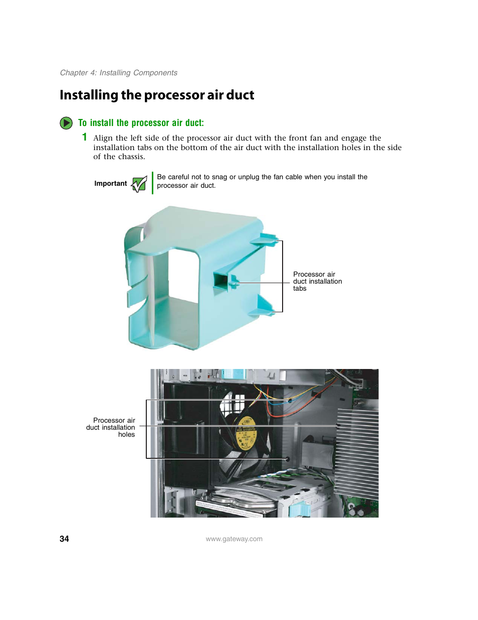 Installing the processor air duct | Gateway E-9220T User Manual | Page 39 / 124