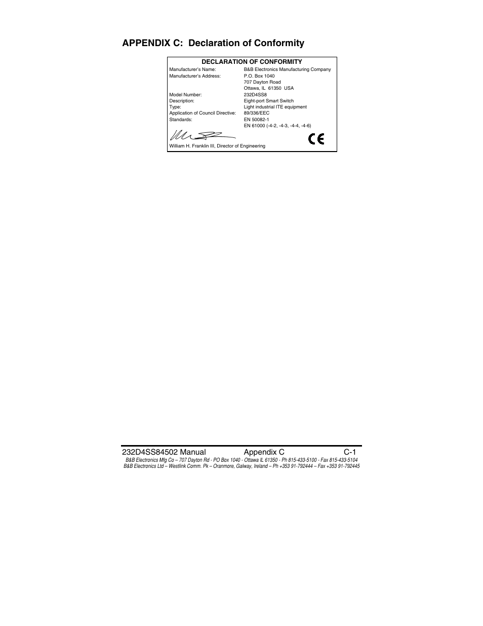 Appendix c: declaration of conformity | B&B Electronics 8 PORT SMART SWITCH CE 232D4SS8 User Manual | Page 29 / 29