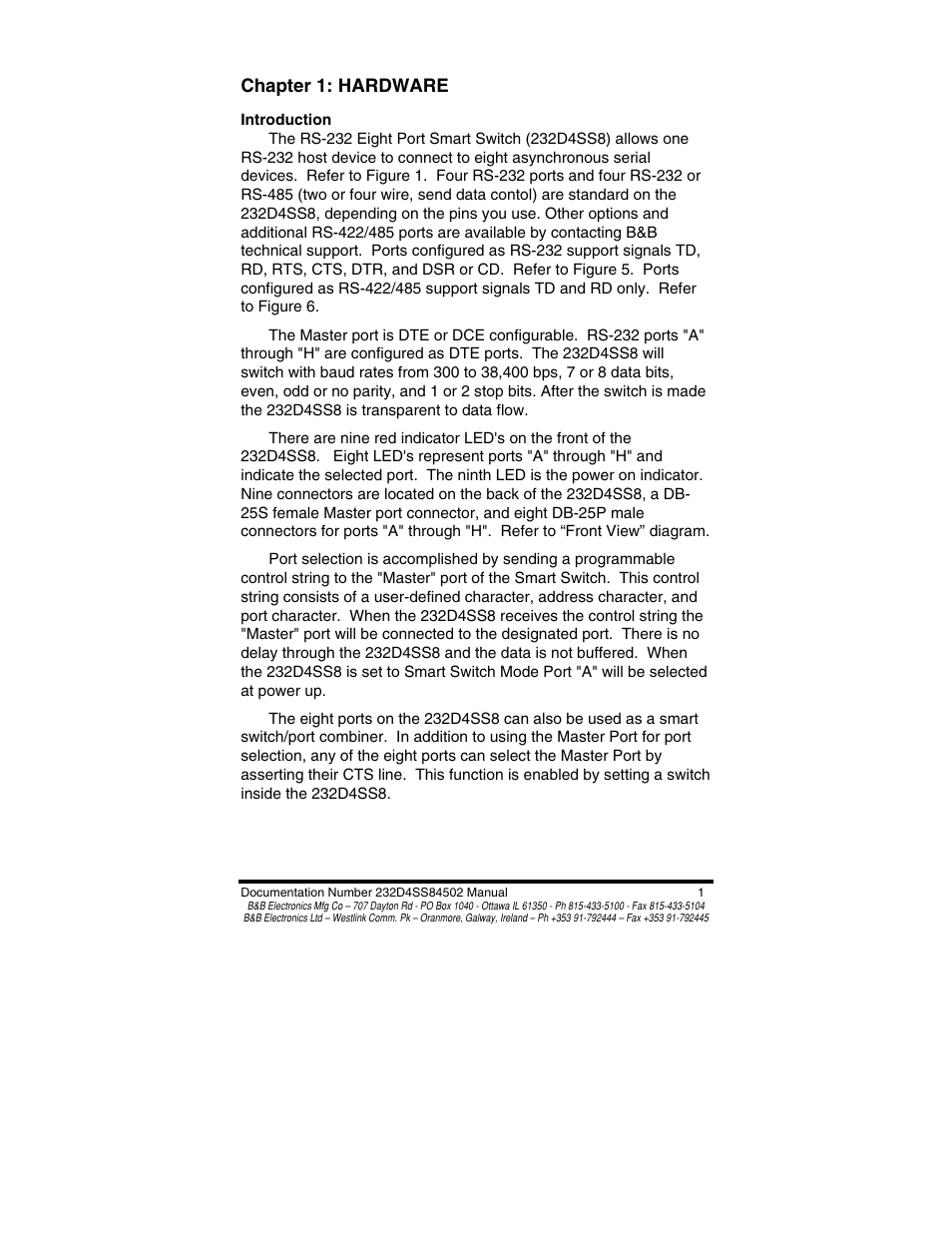 Chapter 1: hardware | B&B Electronics 8 PORT SMART SWITCH CE 232D4SS8 User Manual | Page 3 / 29