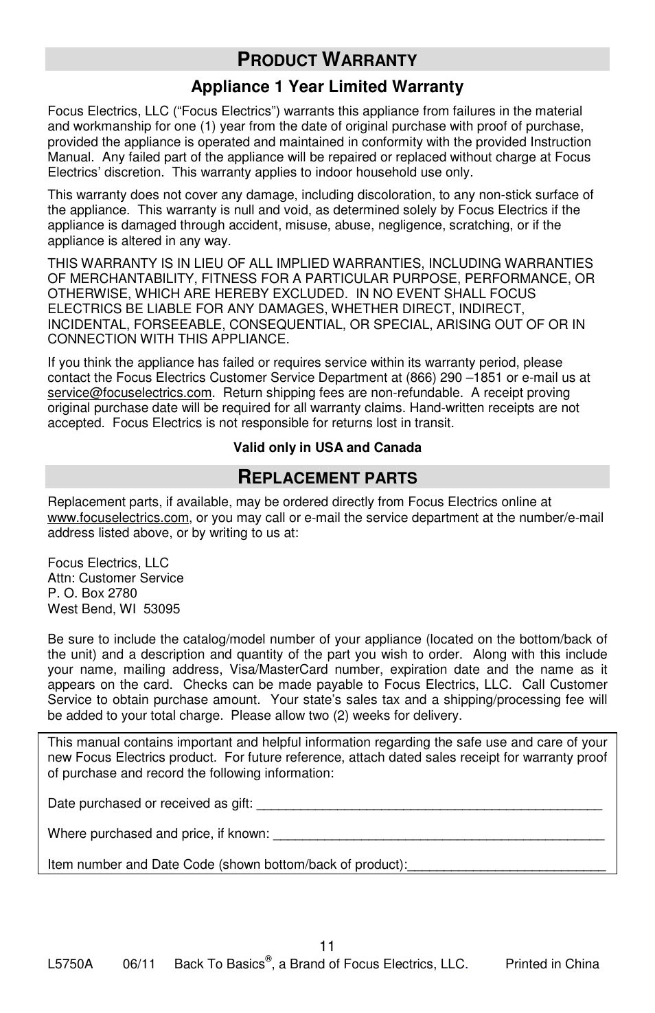 Appliance 1 year limited warranty | West Bend Back to Basics Cocoa~Latte User Manual | Page 11 / 40