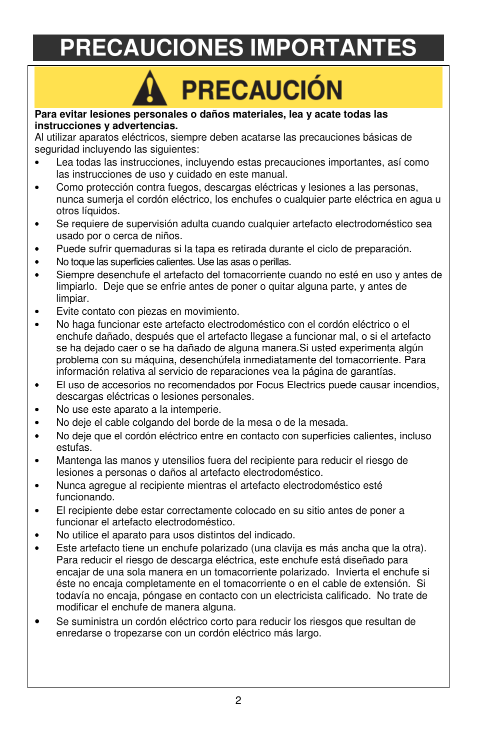 Precauciones importantes | West Bend Back to Basics Cocoa~Latte User Manual | Page 28 / 40