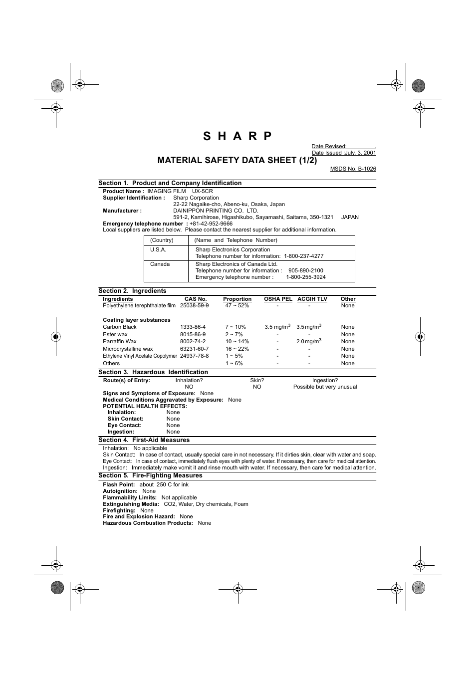 Material safety data sheet (1/2) | West Bend Back to Basics UX-CC500 User Manual | Page 125 / 139