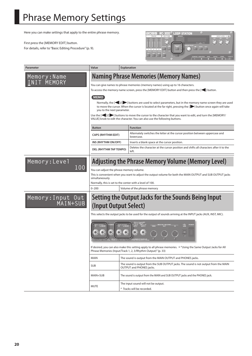 Phrase memory settings, Naming phrase memories (memory names), Adjusting the phrase memory volume (memory level) | Input output select) | Boss Audio Systems Boss Loop Station RC-300 User Manual | Page 20 / 48