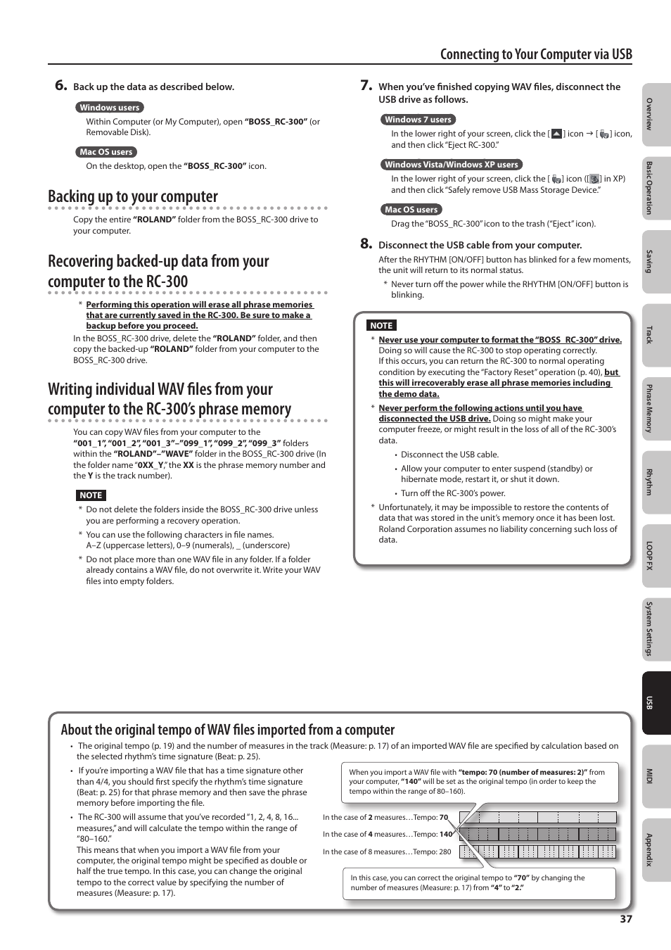 Backing up to your computer, Connecting to your computer via usb | Boss Audio Systems Boss Loop Station RC-300 User Manual | Page 37 / 48