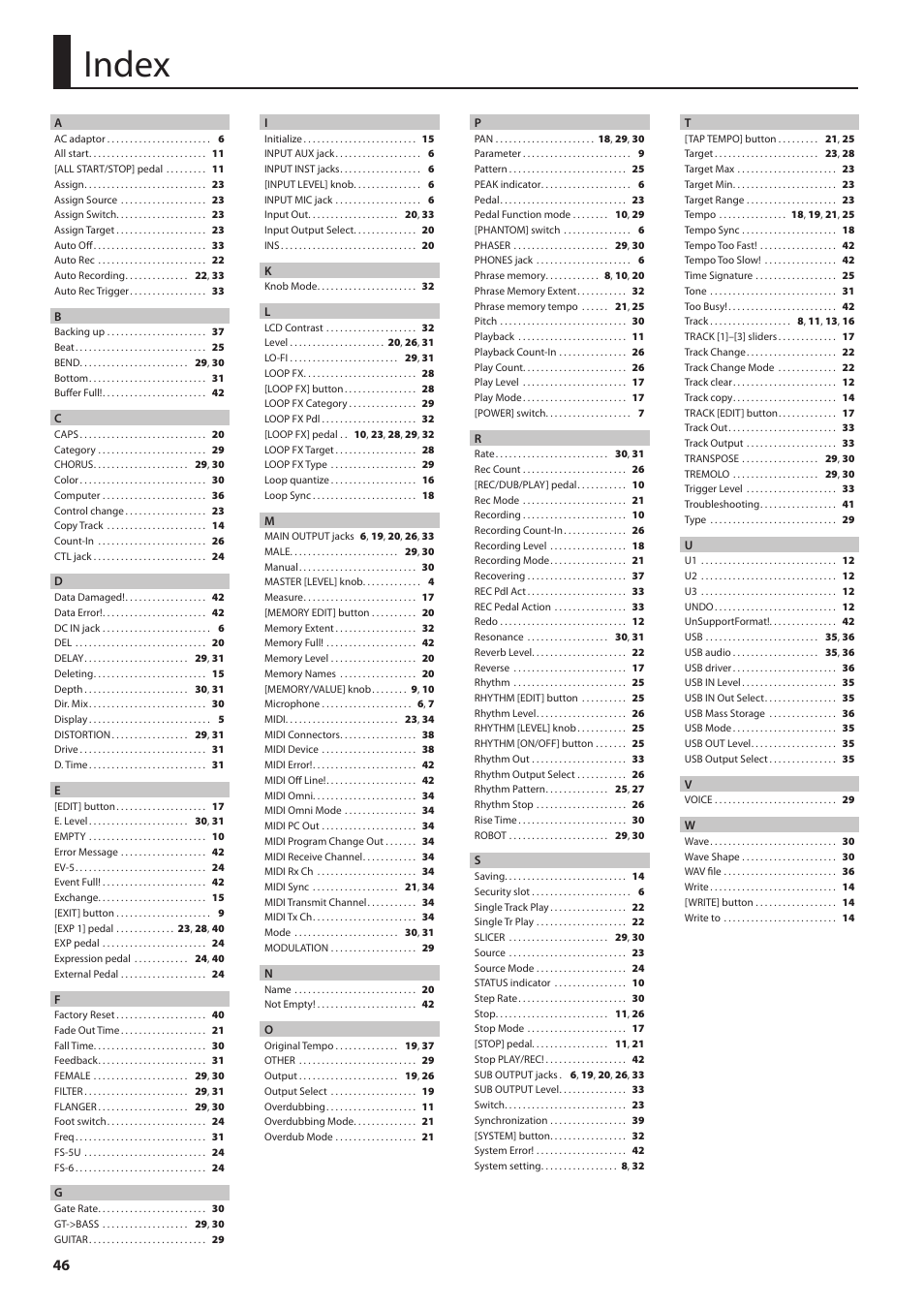 Index | Boss Audio Systems Boss Loop Station RC-300 User Manual | Page 46 / 48