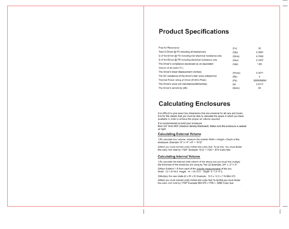 Product specifications, Calculating enclosures, Calculating external volume | Calculating internal volume | Boss Audio Systems MR100 User Manual | Page 2 / 4