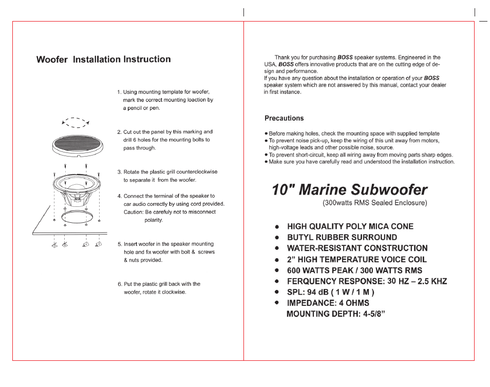 Precautions, Soowatts rms sealed enclosure), 10” marine subwoofer | Boss Audio Systems MR100 User Manual | Page 3 / 4