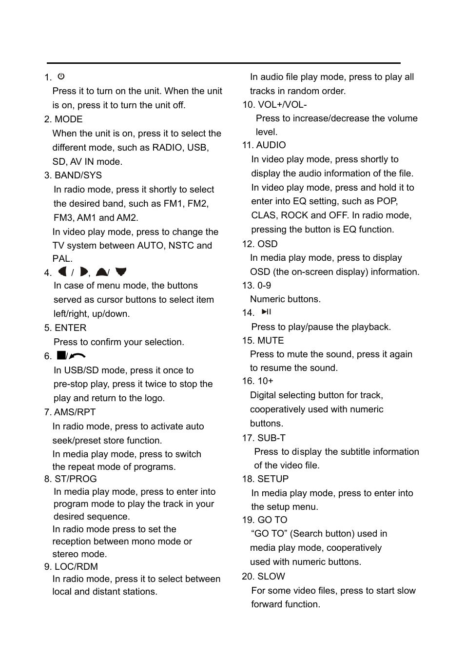 Locations and function of the remote control | Boss Audio Systems PLL SYNTHESIZER STEREO RADIO BV7280 User Manual | Page 12 / 22