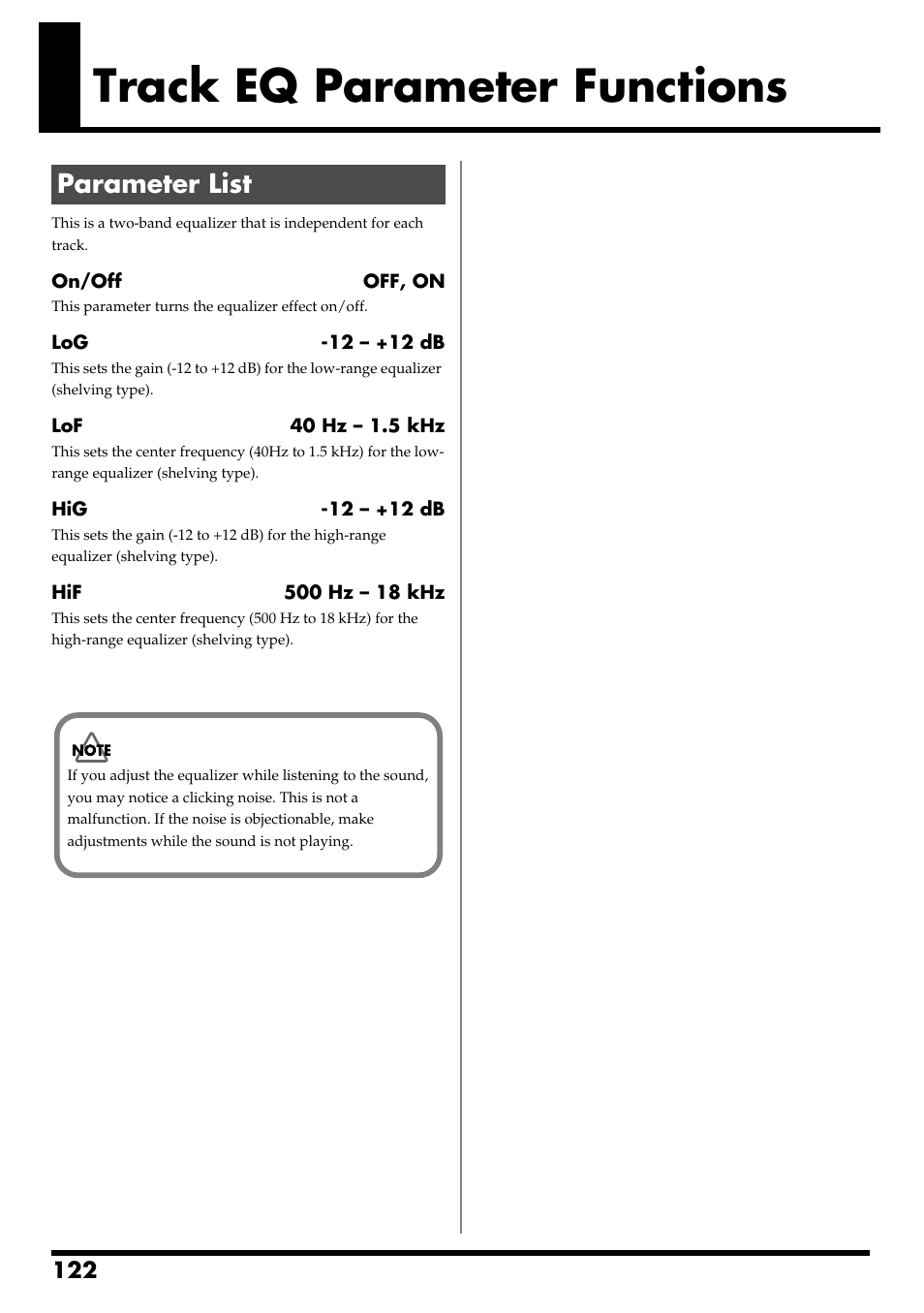 Track eq parameter functions, Parameter list, Track eq parameter functions” (p. 122) | Boss Audio Systems BR-600 User Manual | Page 122 / 228