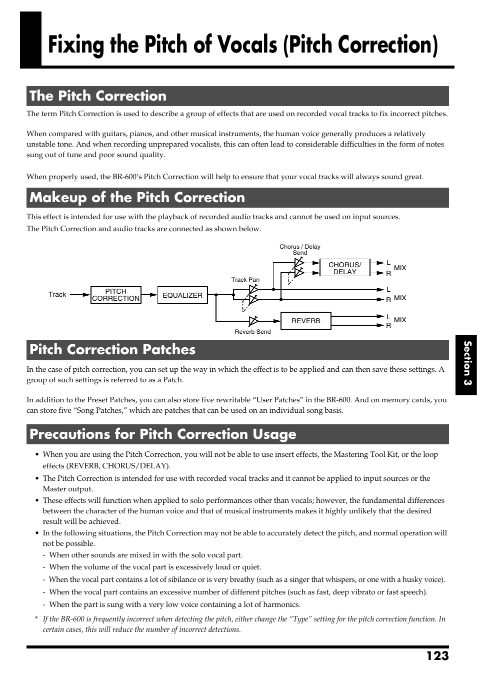 Fixing the pitch of vocals (pitch correction), The pitch correction, Makeup of the pitch correction | Pitch correction patches, Precautions for pitch correction usage, 123) applied. when using the insert effects, refer | Boss Audio Systems BR-600 User Manual | Page 123 / 228