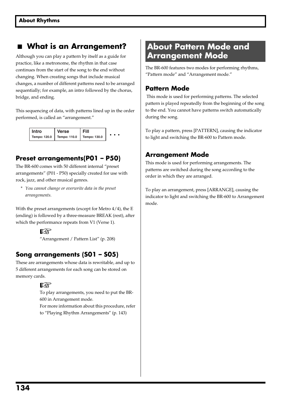 What is an arrangement, About pattern mode and arrangement mode, Re v0.10 | Preset arrangements(p01 – p50), Song arrangements (s01 – s05), Pattern mode, Arrangement mode | Boss Audio Systems BR-600 User Manual | Page 134 / 228