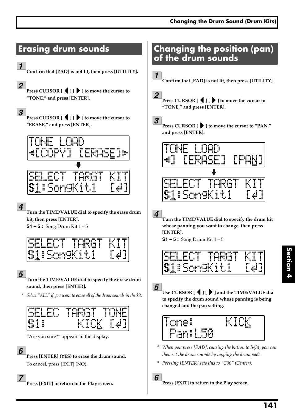 Erasing drum sounds, Changing the position (pan) of the drum sounds, Re v0.10 | Boss Audio Systems BR-600 User Manual | Page 141 / 228