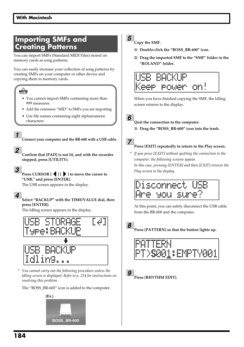 Importing smfs and creating patterns, Re v0.10 | Boss Audio Systems BR-600 User Manual | Page 184 / 228