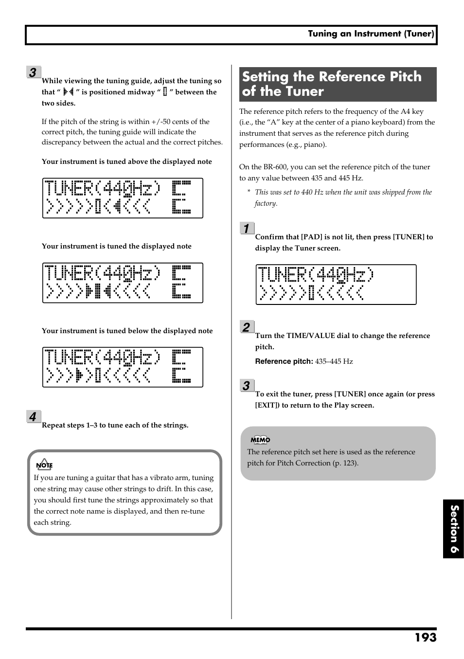 Setting the reference pitch of the tuner, Re v0.10 | Boss Audio Systems BR-600 User Manual | Page 193 / 228