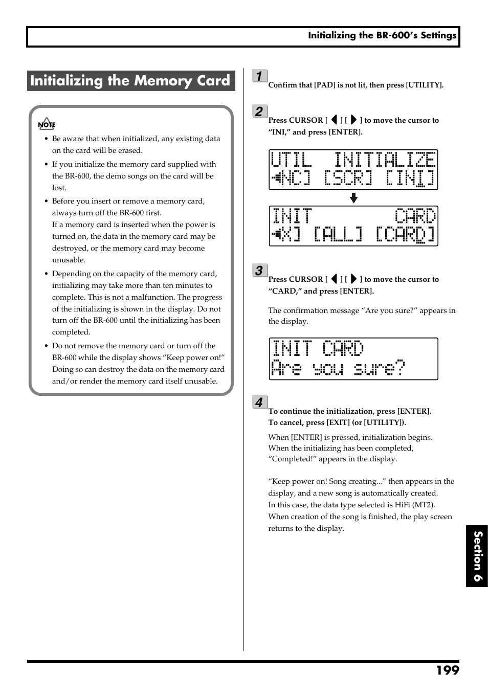 Initializing the memory card, Then initialize the card (see p.199), Re v0.10 | Boss Audio Systems BR-600 User Manual | Page 199 / 228