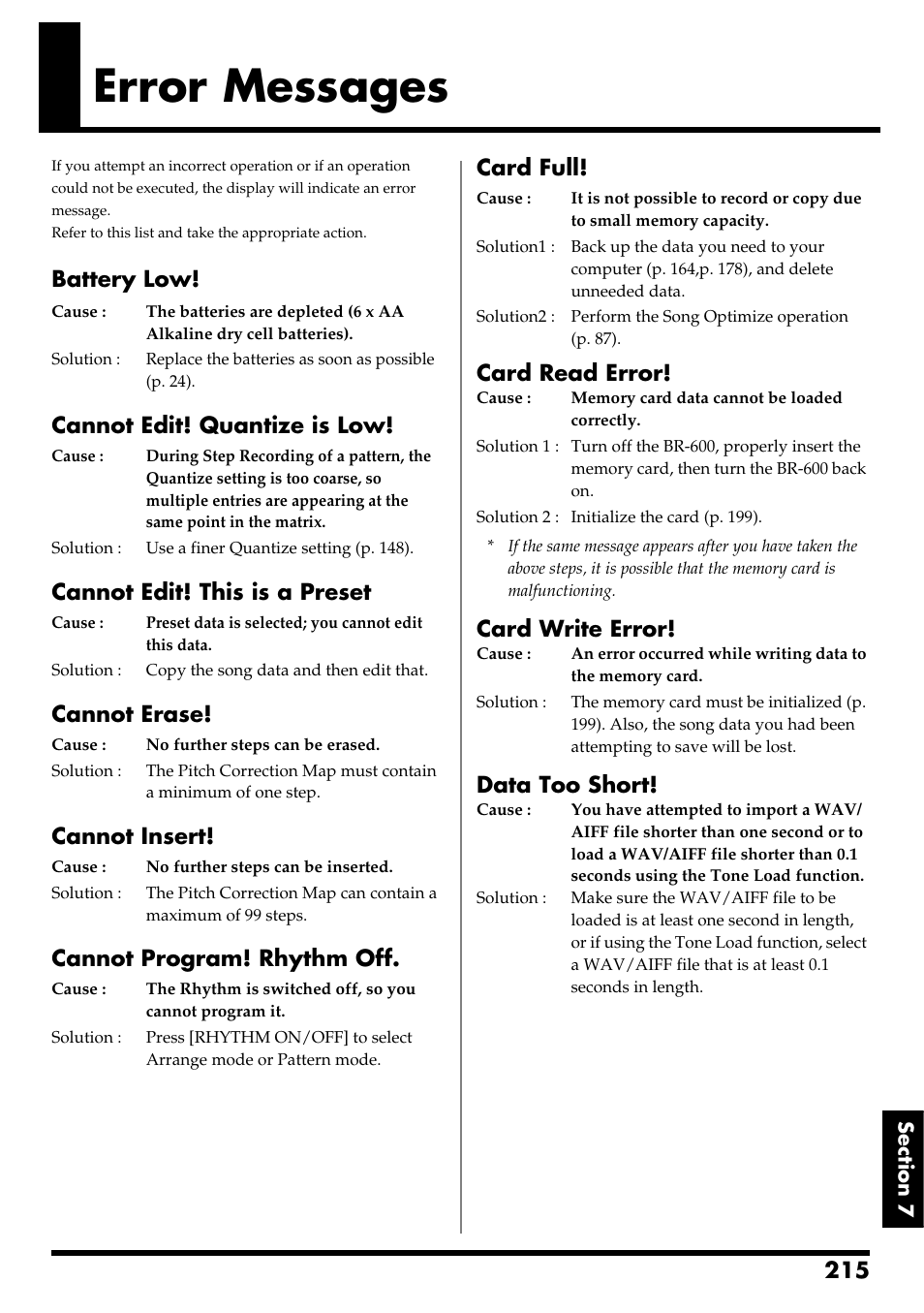 Error messages, Battery low, Cannot edit! quantize is low | Cannot edit! this is a preset, Cannot erase, Cannot insert, Cannot program! rhythm off, Card full, Card read error, Card write error | Boss Audio Systems BR-600 User Manual | Page 215 / 228