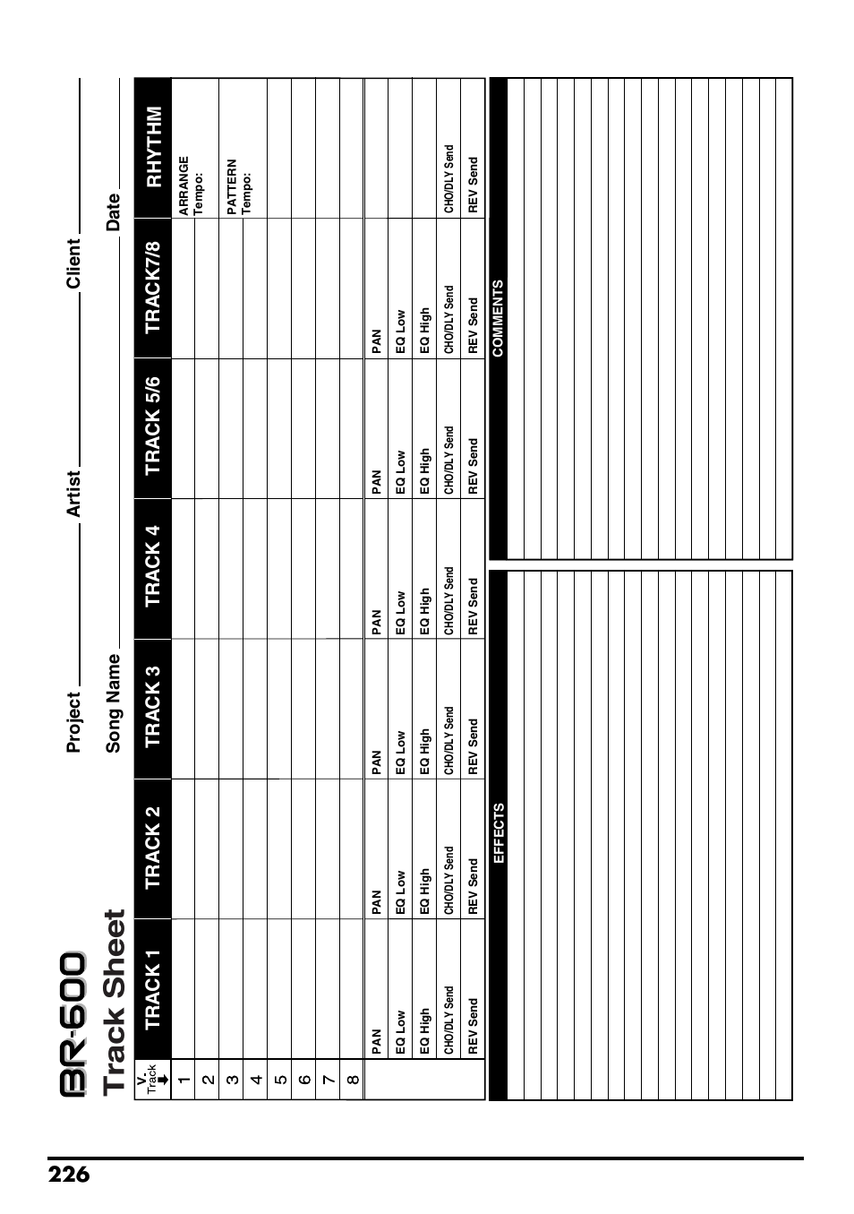Track sheet, Rhythm, Project song name date artist client | Boss Audio Systems BR-600 User Manual | Page 226 / 228