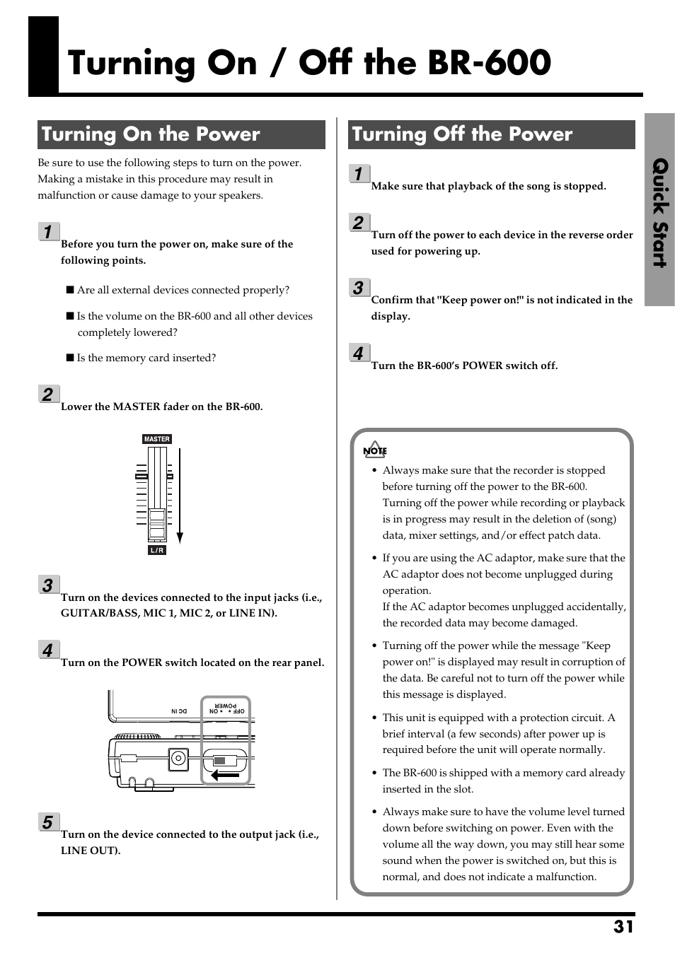 Turning on / off the br-600, Turning on the power, Turning off the power | Turning on the power turning off the power, On/off (p. 31), Quick start | Boss Audio Systems BR-600 User Manual | Page 31 / 228