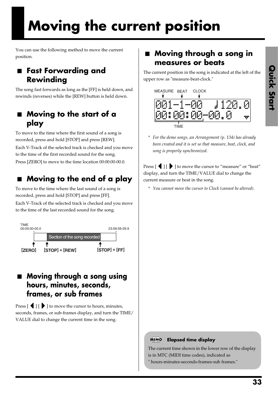 Moving the current position, Fast forwarding and rewinding, Moving to the start of a play | Moving to the end of a play, Moving through a song in measures or beats, Moving the current position” (p. 33), Quick start | Boss Audio Systems BR-600 User Manual | Page 33 / 228