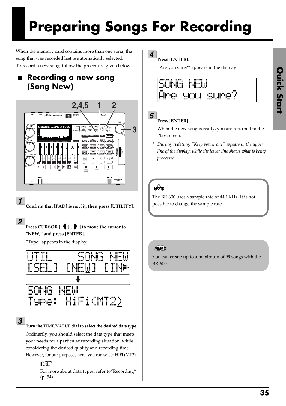 Preparing songs for recording, Recording a new song (song new), Quick start | Boss Audio Systems BR-600 User Manual | Page 35 / 228