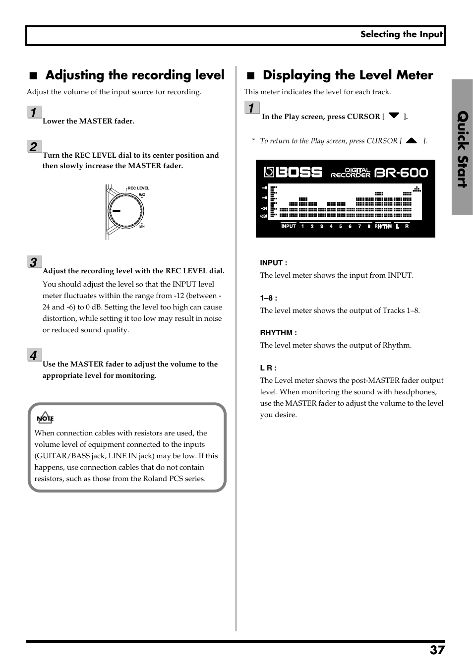 Adjusting the recording level, Displaying the level meter, Quick start | Re v0.10 | Boss Audio Systems BR-600 User Manual | Page 37 / 228