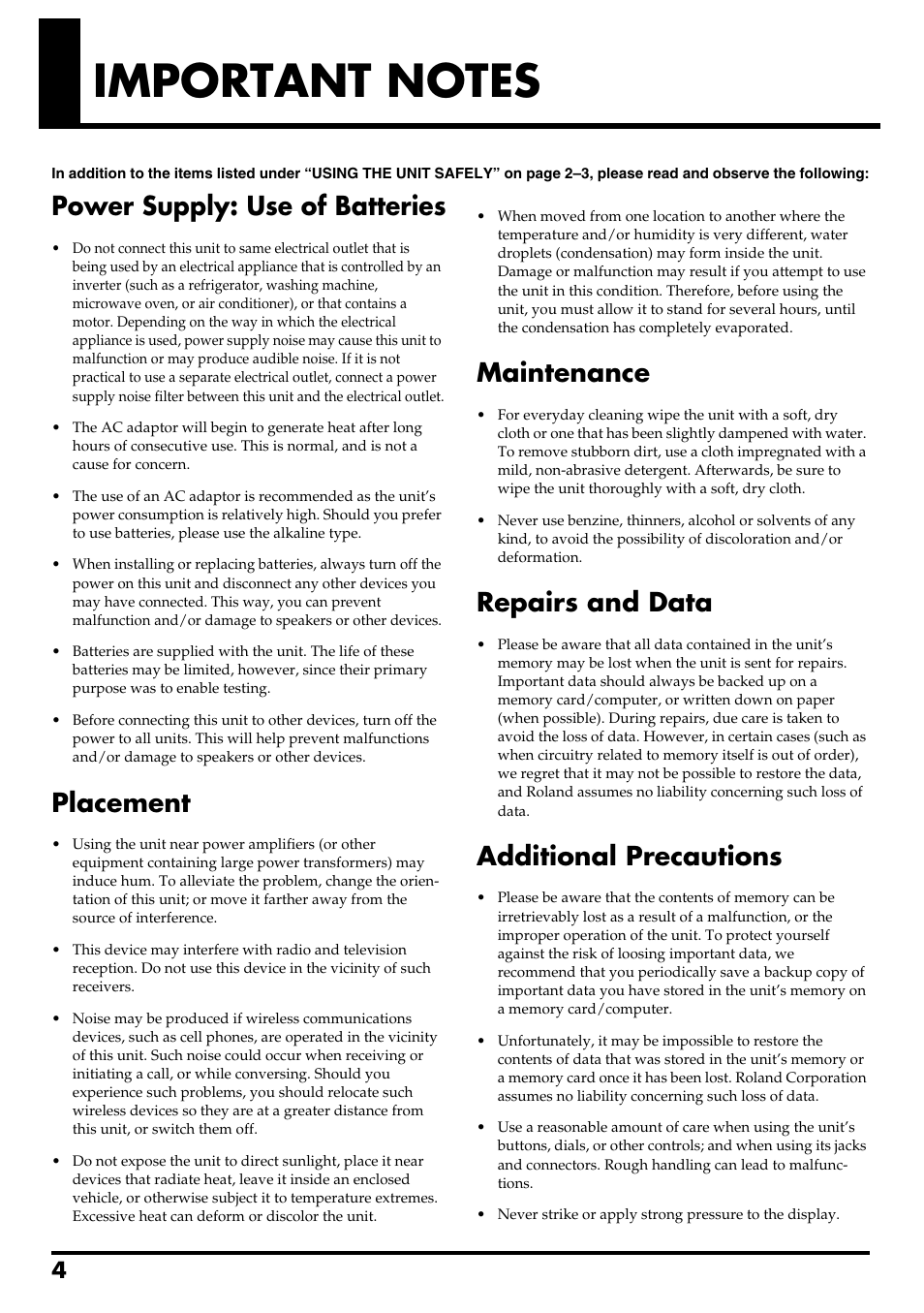 Important notes, Power supply: use of batteries, Placement | Maintenance, Repairs and data, Additional precautions, 4re v0.10 | Boss Audio Systems BR-600 User Manual | Page 4 / 228