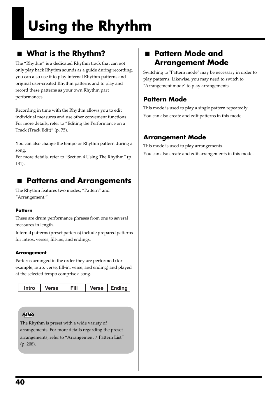 Using the rhythm, What is the rhythm, Patterns and arrangements | Pattern mode and arrangement mode | Boss Audio Systems BR-600 User Manual | Page 40 / 228