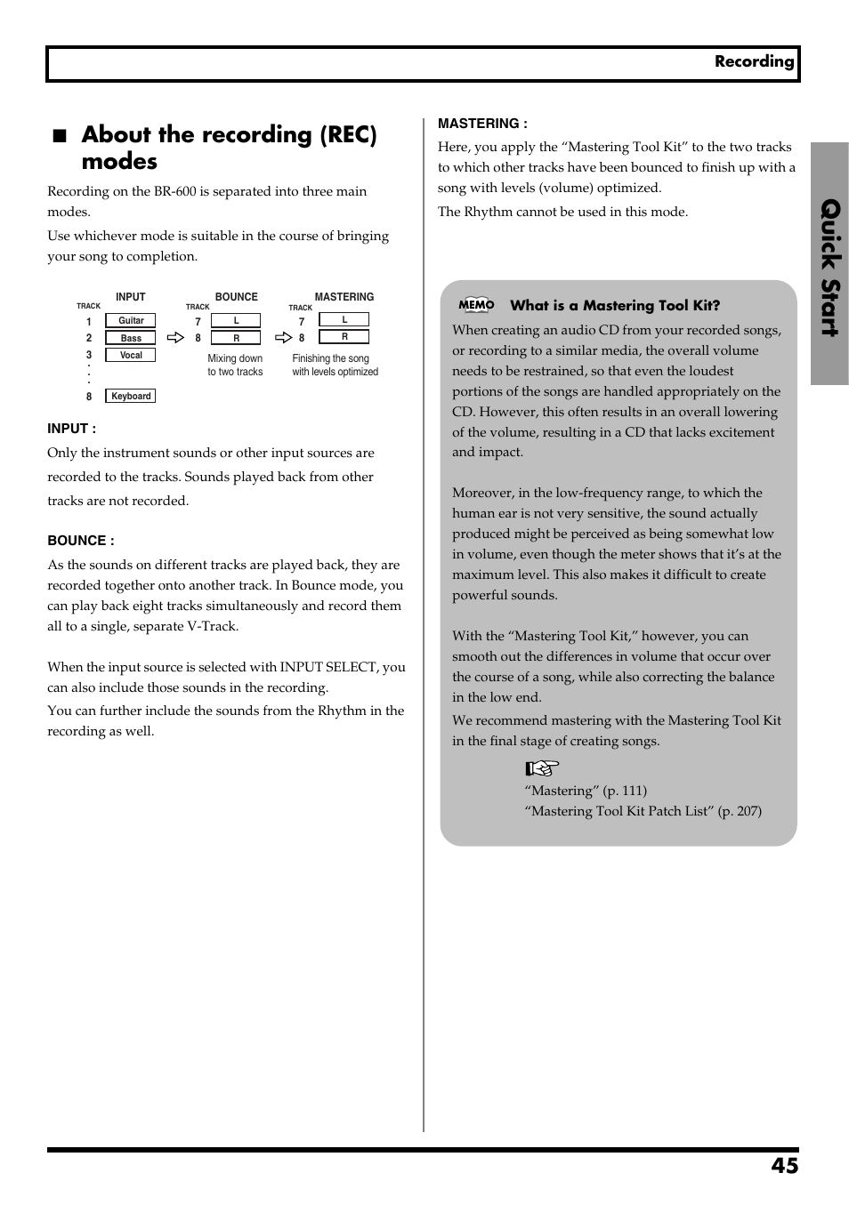 About the recording (rec) modes, Quick start, Re v0.10 | Boss Audio Systems BR-600 User Manual | Page 45 / 228