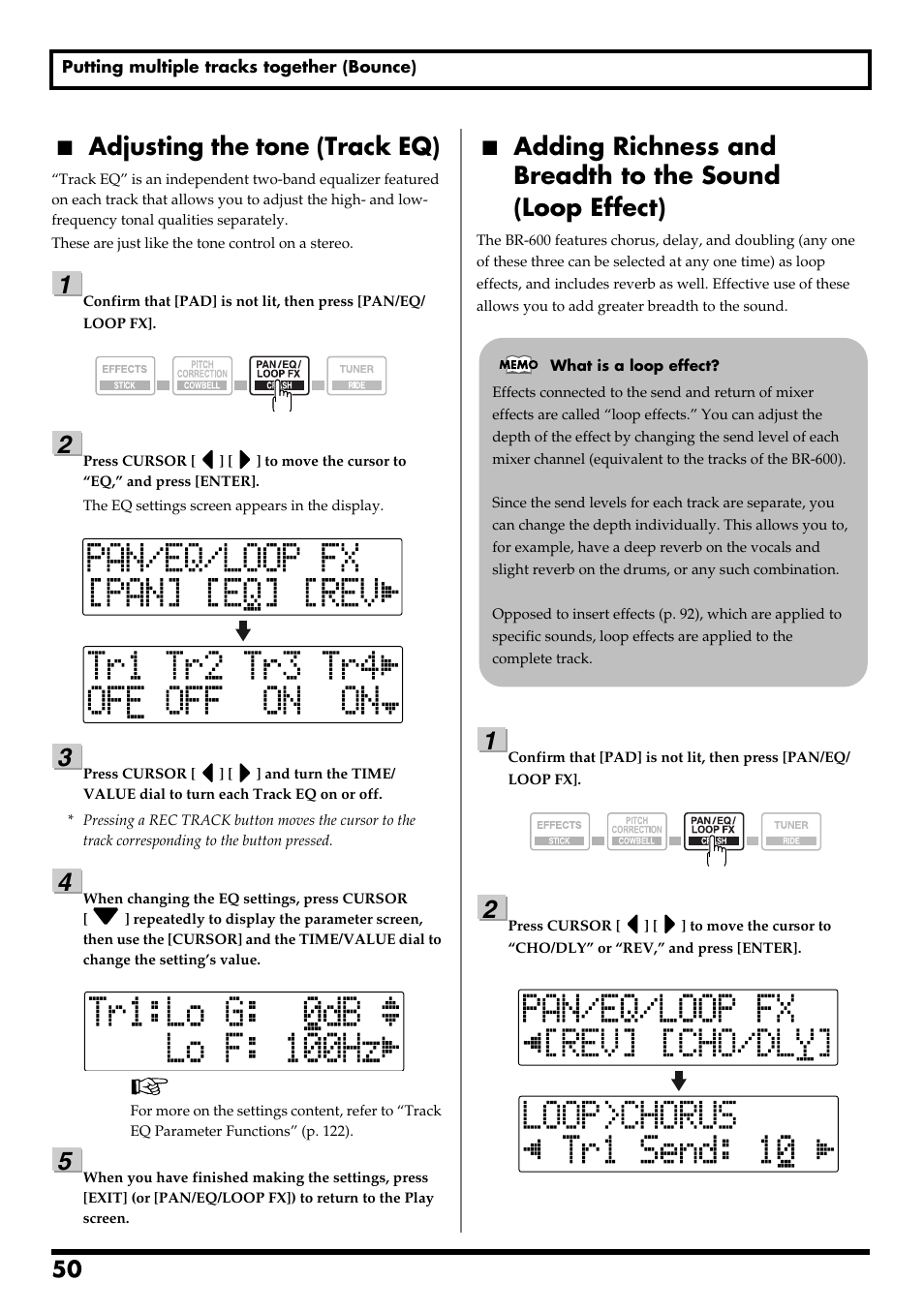 Adjusting the tone (track eq), Each track (equalizer).(p. 50), Re v0.10 | Boss Audio Systems BR-600 User Manual | Page 50 / 228