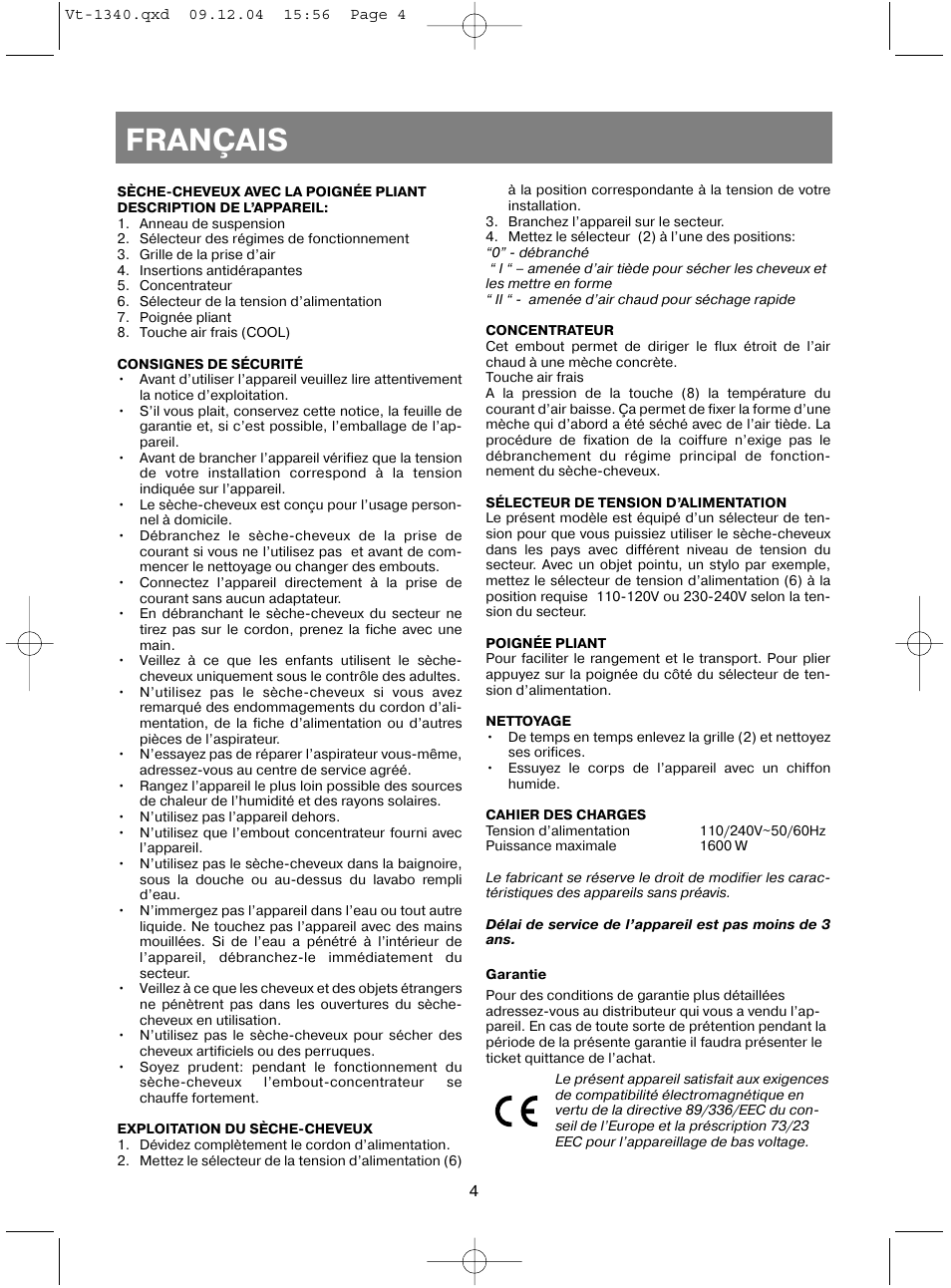 Français | Vitek VT-1340 User Manual | Page 6 / 16