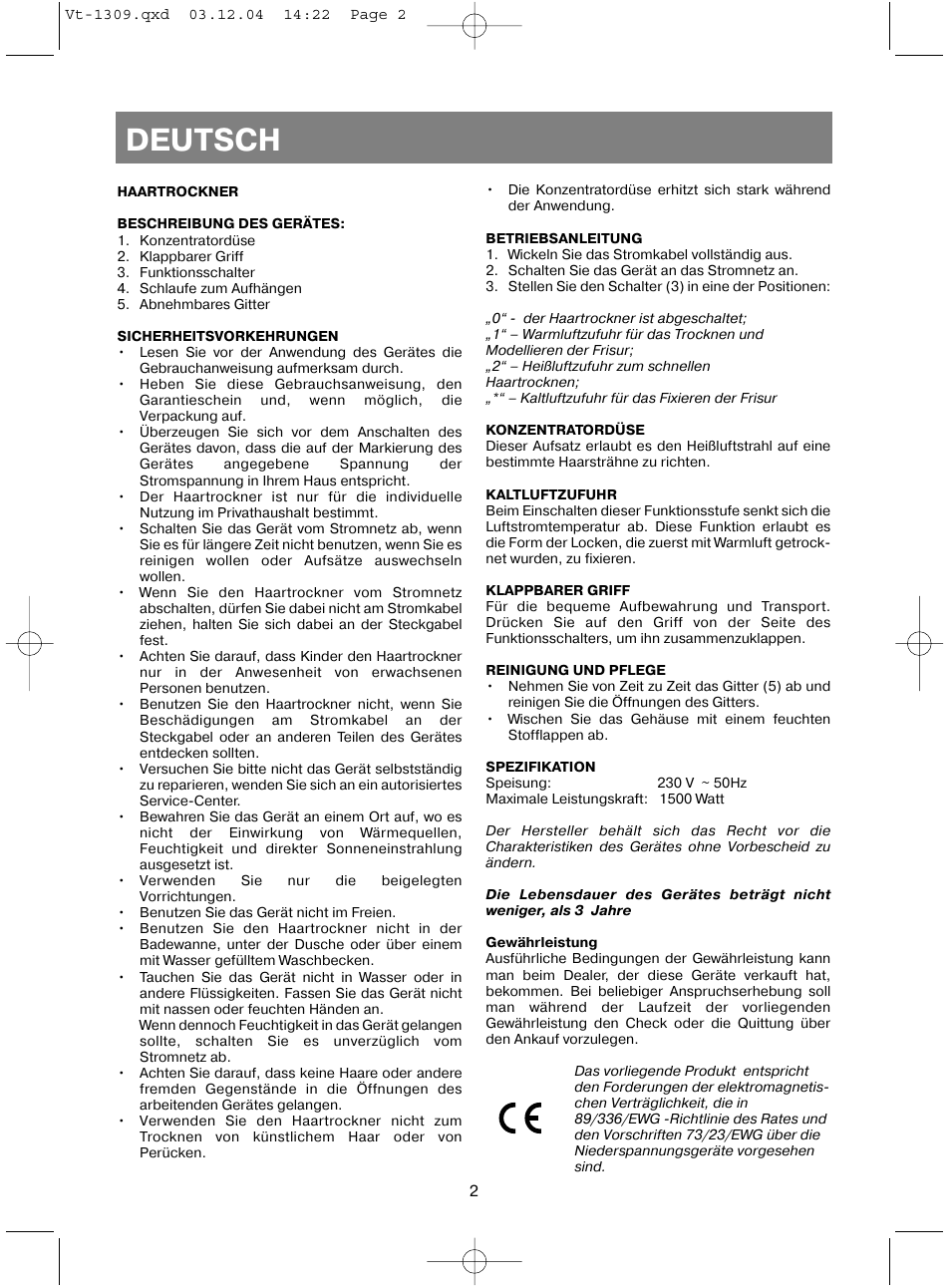 Deutsch | Vitek VT-1309 User Manual | Page 4 / 16