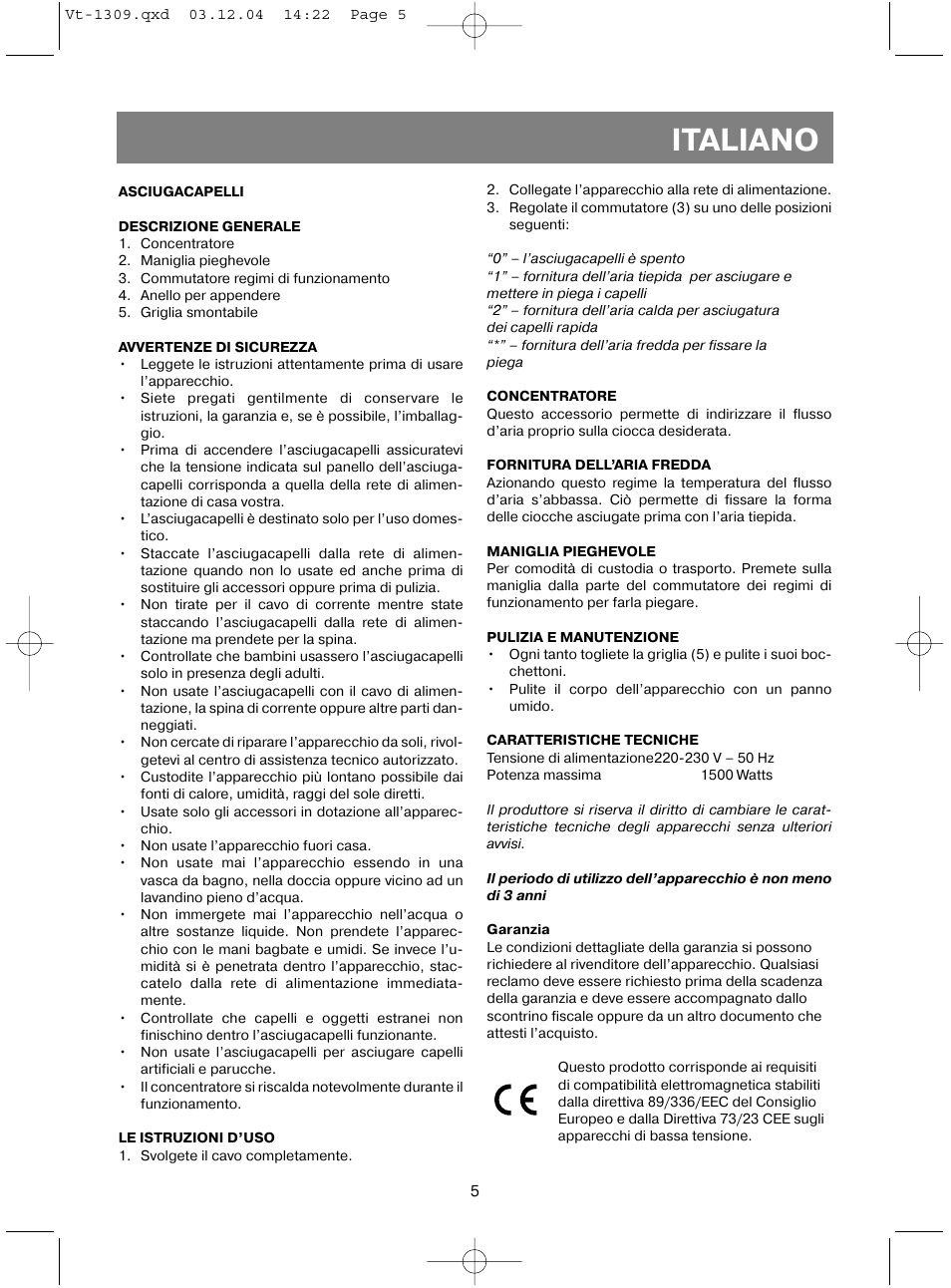 Italiano | Vitek VT-1309 User Manual | Page 7 / 16