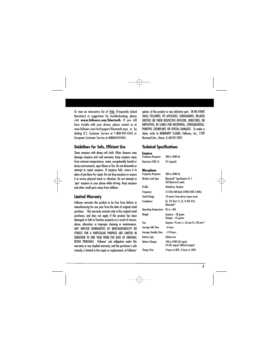 Guidelines for safe, efficient use, Limited warranty, Technical specifications | Body Glove Earglove BlueSport User Manual | Page 7 / 8