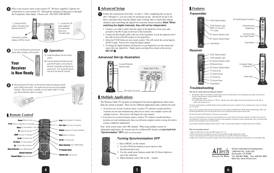 Your receiver is now ready 7, Features, Advanced setup | Multiple applications, Remote control, Advanced set-up illustration, Transmitter, Turning synchronization off, Operation, Receiver | AItech Wireless Cable TV User Manual | Page 2 / 2