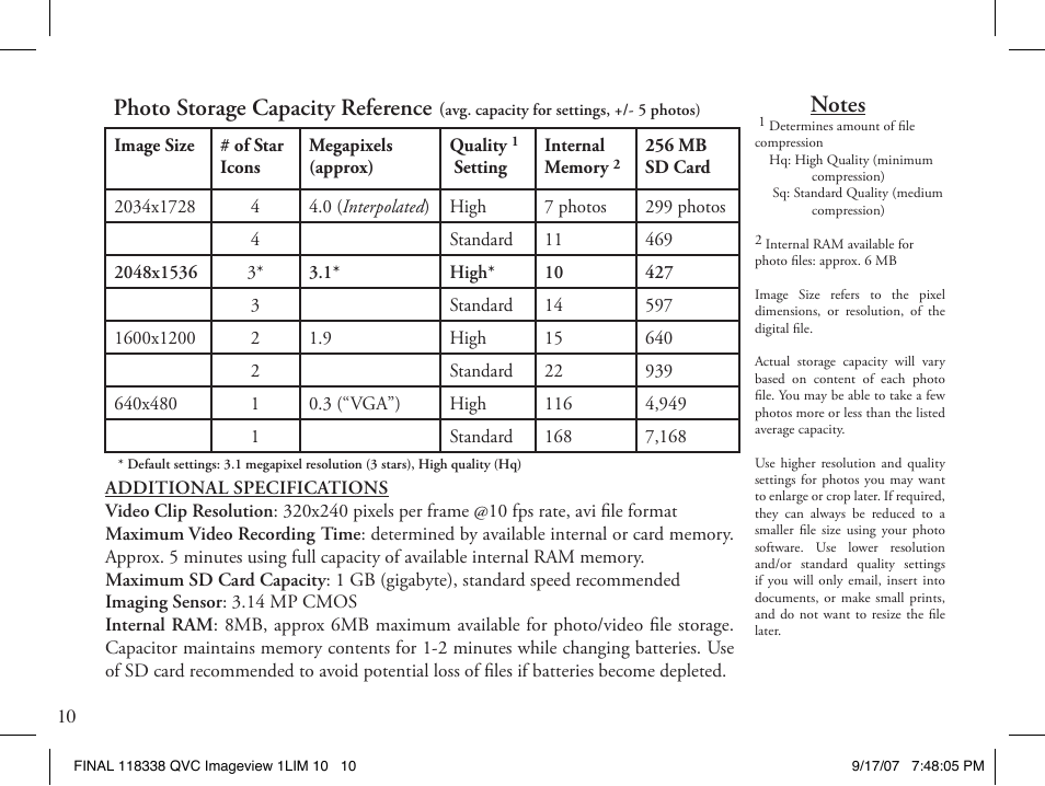 Photo storage capacity reference | Bushnell 11-8338 User Manual | Page 10 / 20