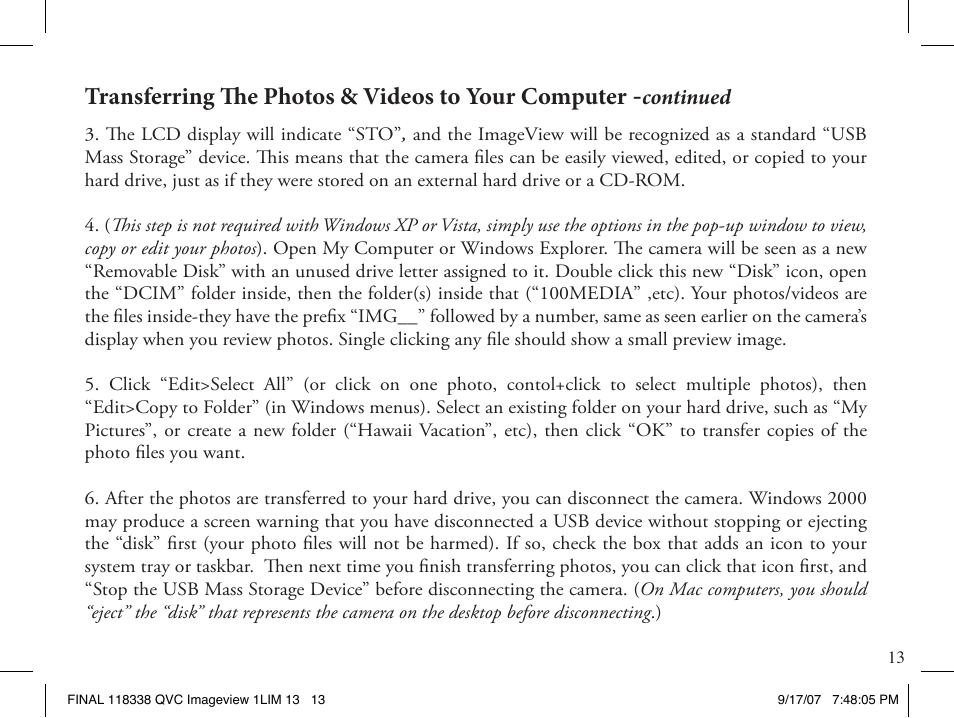 Transferring the photos & videos to your computer | Bushnell 11-8338 User Manual | Page 13 / 20