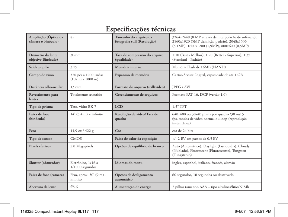 Especificações técnicas | Bushnell 118325 User Manual | Page 117 / 138