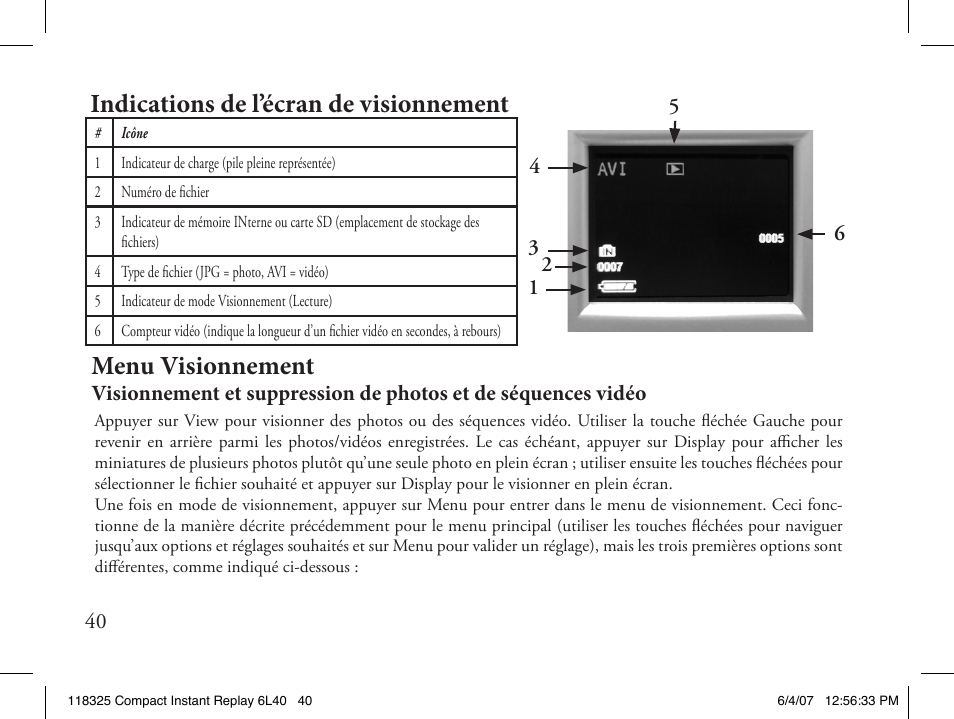 Menu visionnement, Indications de l’écran de visionnement | Bushnell 118325 User Manual | Page 40 / 138