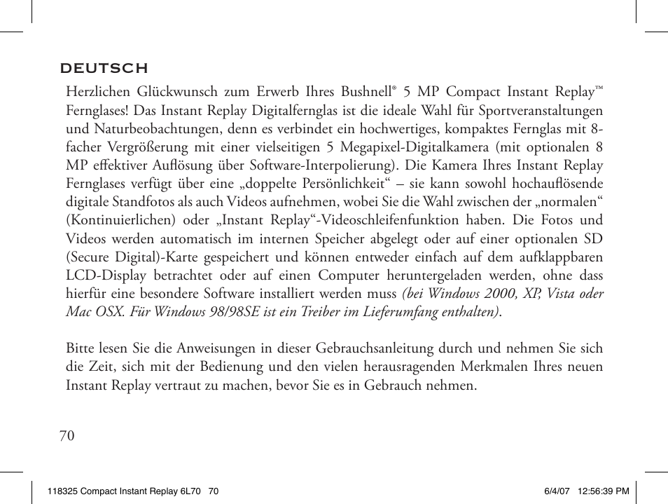 Deutsch | Bushnell 118325 User Manual | Page 70 / 138