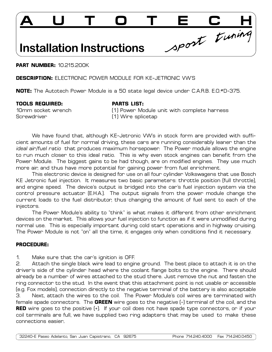 Autotech 10.215.200K Power Module, Mk1 & Mk2 8V & 16V with KE-Jetronic User Manual | 2 pages