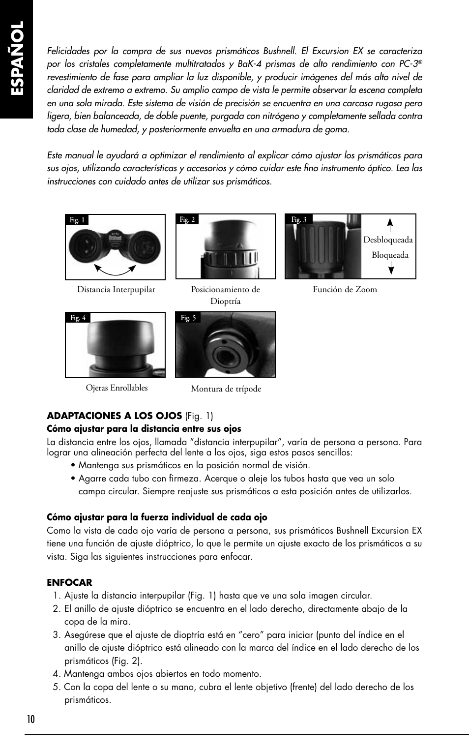 Esp añol | Bushnell Excursion EX User Manual | Page 10 / 26
