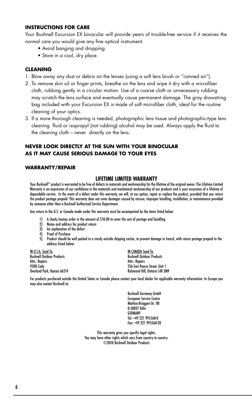 Lifetime limited warranty | Bushnell Excursion EX User Manual | Page 6 / 26
