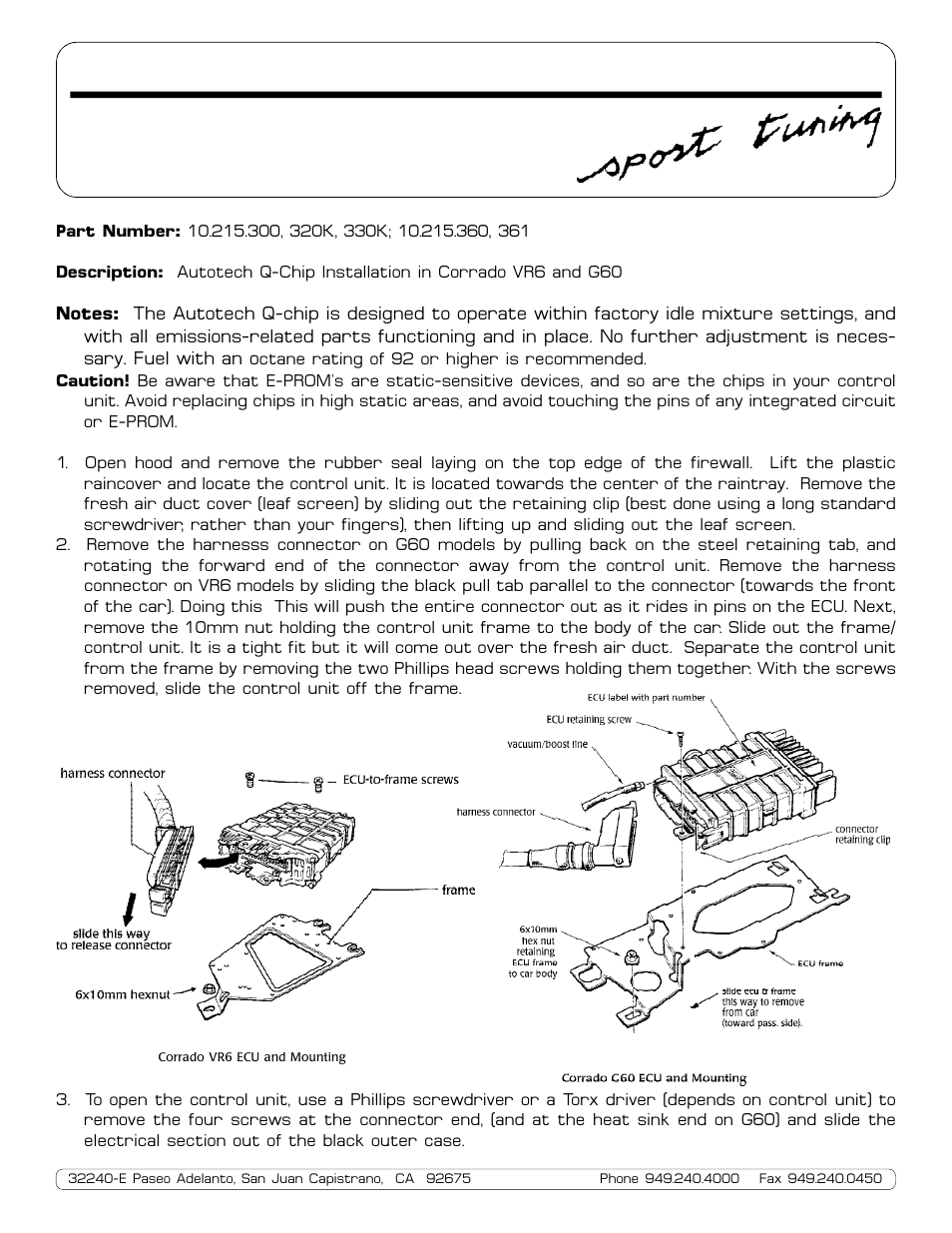 Autotech 10.215.360 Q-Chip, Corrado VR6 User Manual | 2 pages