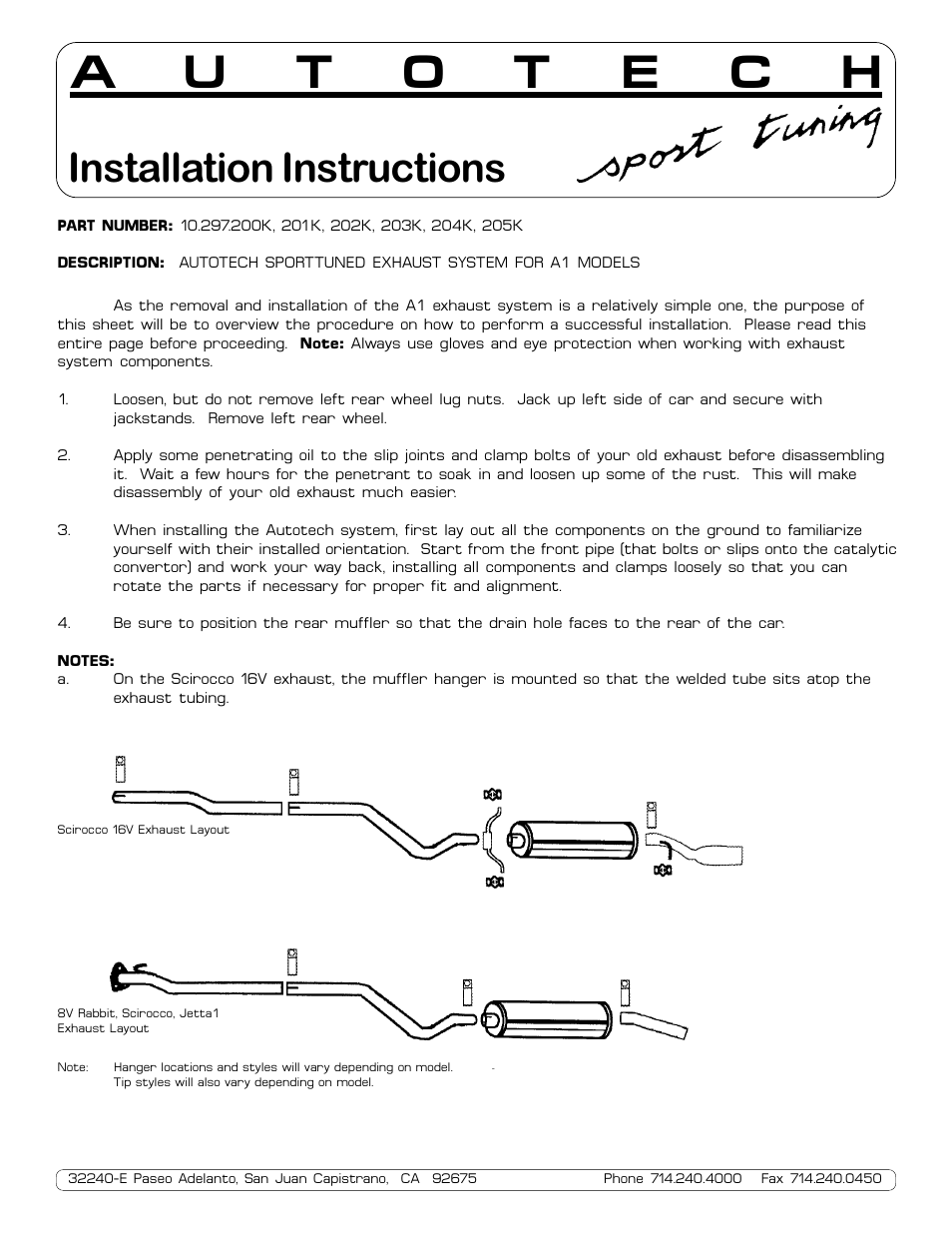Autotech 10.297.200K-205K SportTuned Aluminized Exhaust System, Mk1 8V & 16V Models User Manual | 1 page