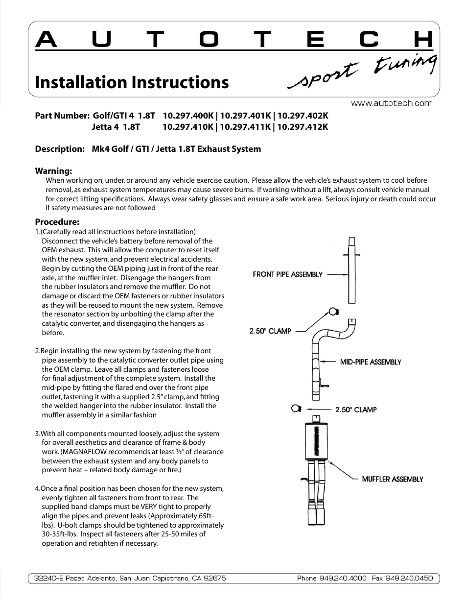 Autotech 10.297.400K-402K/410K-412K SportTuned Stainless Exhaust System, Mk4 Golf/GTI/Jetta 1.8T User Manual | 1 page