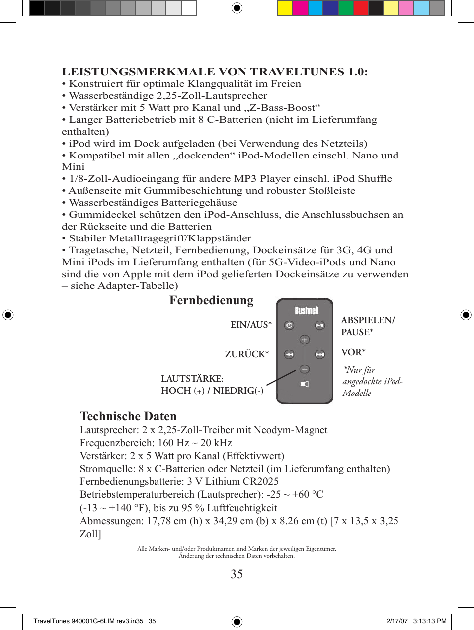 Technische daten, Fernbedienung | Bushnell 940001AP User Manual | Page 35 / 64