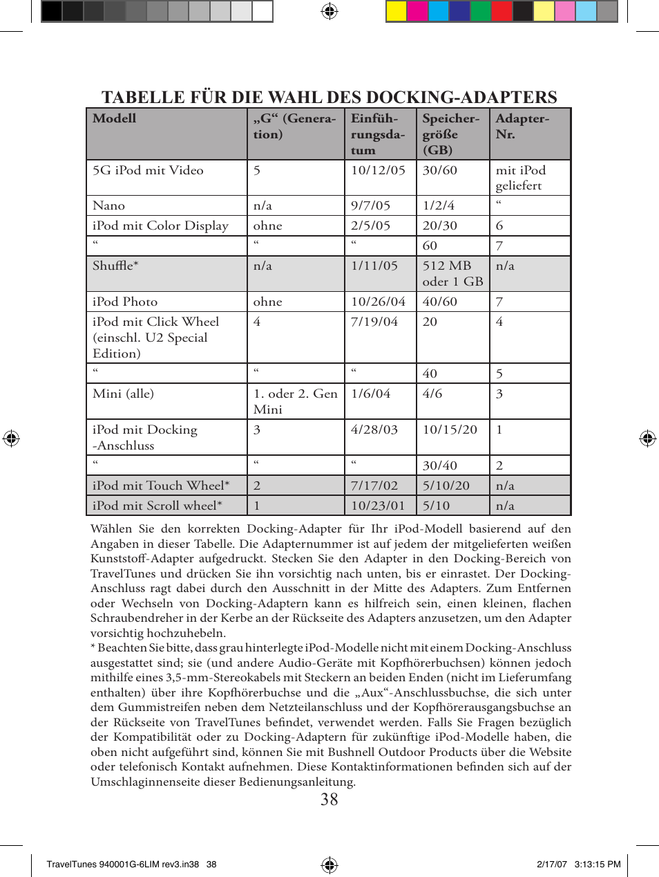 Tabelle für die wahl des docking-adapters | Bushnell 940001AP User Manual | Page 38 / 64