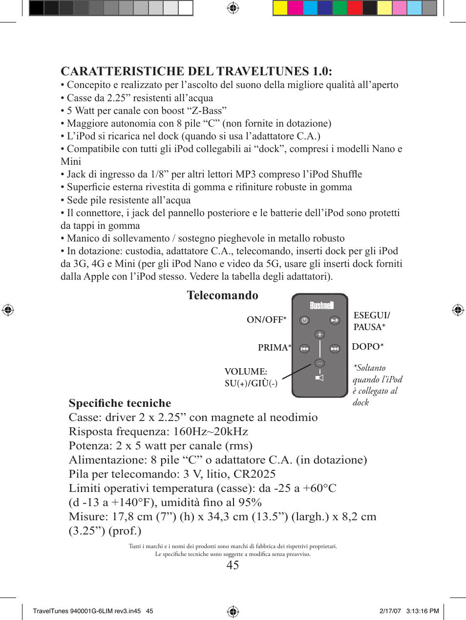 Caratteristiche del traveltunes 1.0, Telecomando | Bushnell 940001AP User Manual | Page 45 / 64